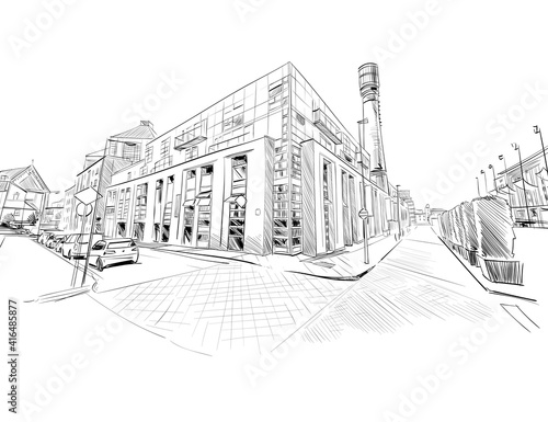 Old Jameson Whiskey Factory. Urban sketch. Hand drawn vector illustration.