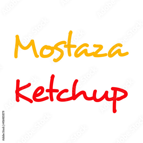 Logotipo con texto manuscrito Mostaza y Ketchup en español escrito a mano en rojo y amarillo