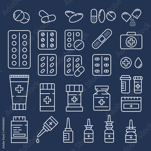 Set of vector medical icons. Tablets, capsules, blisters, medical cross, cream, ointment, vaccine, adhesive plaster, plastic and glass jars, ampoules, tube, nasal spray, nasal drops, pipette.