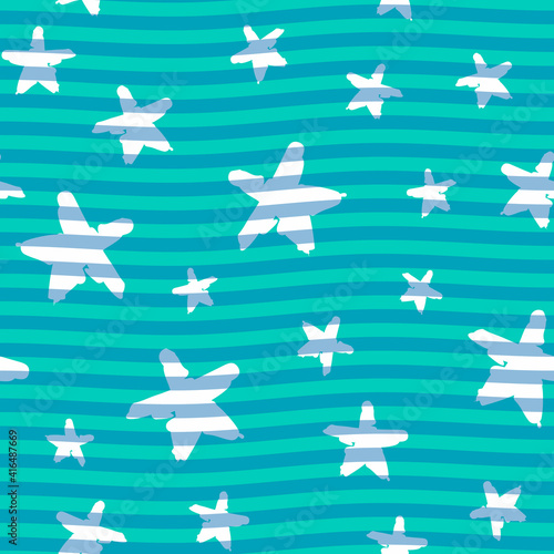 Stars in blue waves seamless pattern. Vector. 