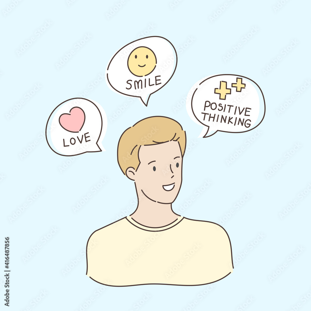 Men are telling about being mentally healthy, such as love, smiling and positive thinking. Mental health concept. Hand draw style. Vector illustration. Men are telling about being mentally healthy, such as love, smiling and positive thinking. Mental health concept. Hand draw style. Vector illustration.