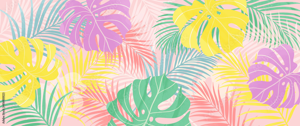 Summer tropical background vector. Palm leaves, monstera leaf, Botanical pattern trendy design for wall framed prints, canvas prints, poster, home decor, cover, flower wall arts, wallpaper.