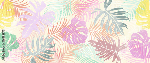 Summer tropical background vector. Palm leaves, monstera leaf, Botanical pattern trendy design for wall framed prints, canvas prints, poster, home decor, cover, flower wall arts, wallpaper.