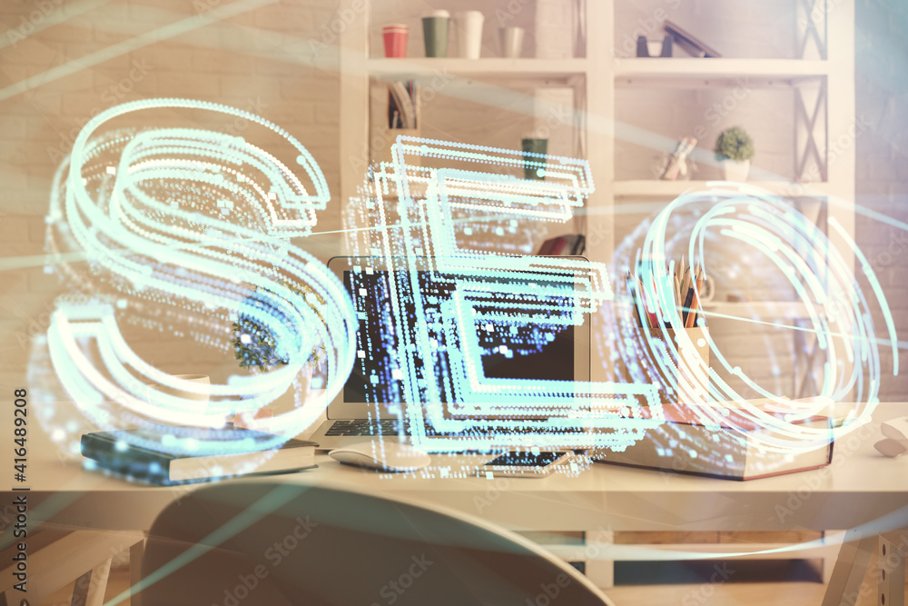 Double exposure of SEO drawing and office interior background. Concept of Search optimization engine. Double exposure of SEO drawing and office interior background. Concept of Search optimization engine.