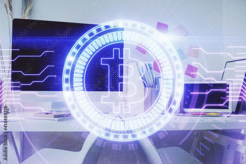 Double exposure of crypto technology theme drawing and office interior background. Concept of blockchain. Double exposure of crypto technology theme drawing and office interior background. Concept of blockchain.