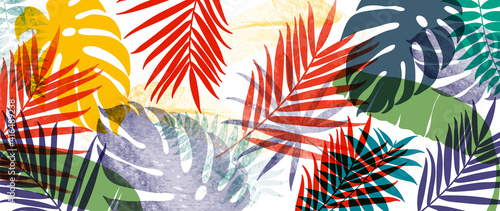 Summer tropical background vector. Palm leaves, monstera leaf, Botanical pattern trendy design for wall framed prints, canvas prints, poster, home decor, cover, flower wall arts, wallpaper.