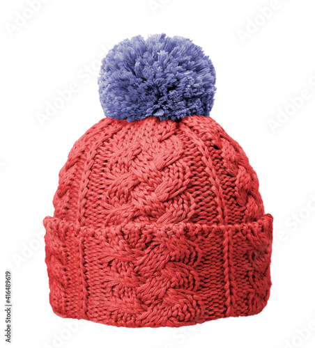 Red and blue wool hat, clothing accessory for the cold season 
