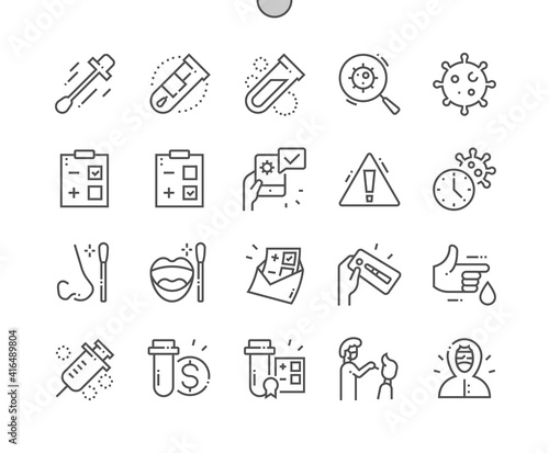 Covid Test. COVID-19 Nasal swab laboratory test. Negative and positive test result by using rapid test device for corona virus. Pixel Perfect Vector Thin Line Icons. Simple Minimal Pictogram