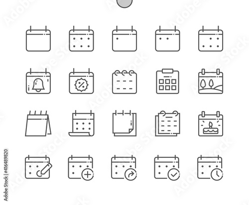 Calendar. Today, tomorrow, previous. Mark the date, holiday, important day. Planner diary. Add, share, and correct calendar. Pixel Perfect Vector Thin Line Icons. Simple Minimal Pictogram