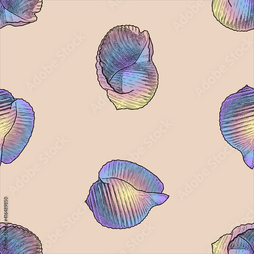 Seamless background of various drawn colorful seashells
