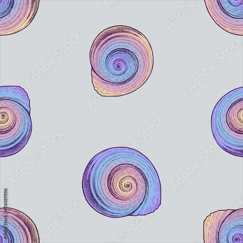 Seamless pattern of drawn colorful spiral seashells