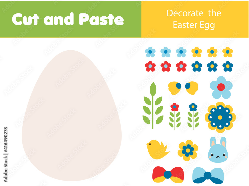 Decorate Easter egg with glue and scissors. Cut and paste children educational game. Stickers activity for toddlers