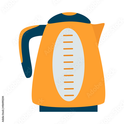 Electric kettle, kitchen and household appliance, a colorful pattern on a white background. Shiny tea kettle for boiling water. Vector illustration for logo design, icon, sticker, website, magazine.