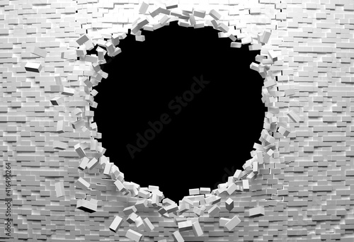 Fototapeta Naklejka Na Ścianę i Meble -  Breaking down the white brick wall on a black background 3d rendering