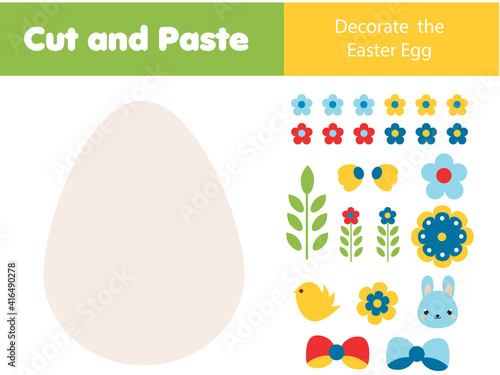 Decorate Easter egg with glue and scissors. Cut and paste children educational game. Stickers activity for toddlers