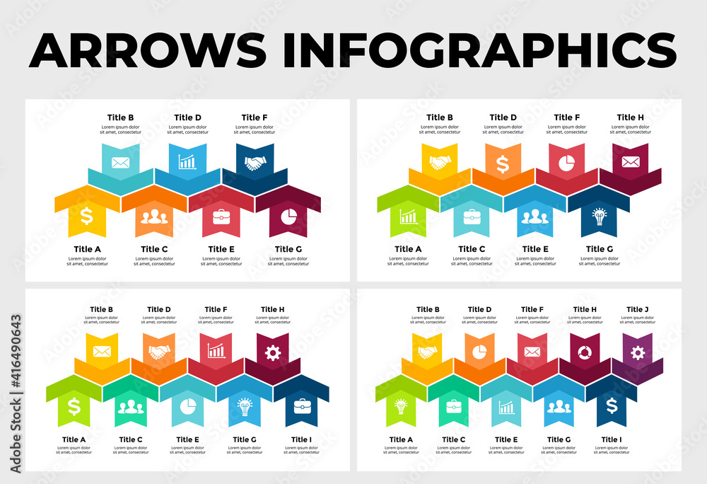 Obraz premium Arrows Vector Infographic. Presentation slide template. Chart diagram. 7, 8, 9, 10 options. Up and down signs.