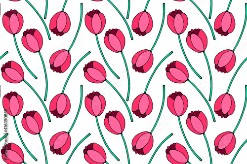 Vector seamless pattern with red tulip flowers. Hand drawn doodle spring texture  background. For wrapping paper  textile  greeting card  wedding  birthday  mother s or women s or Valentine s Day