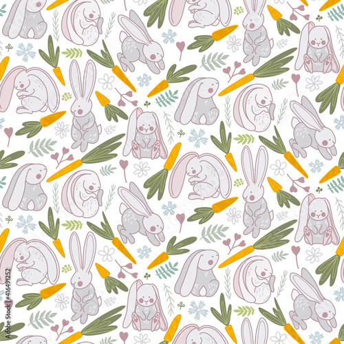 Cute doodle sketch seamless pattern bunnies  rabbits  easter eggs  flowers. Happy Easter collection in vector. Design in cartoon style. Perfect for holiday decoration and spring greeting cards. 