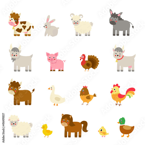 Fototapeta Naklejka Na Ścianę i Meble -  Set of cute cartoon farm animals. Vector illustrations.