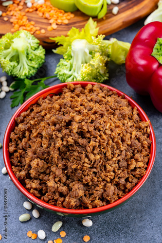 Vegetarian plant based imitation minced meat ready to eat