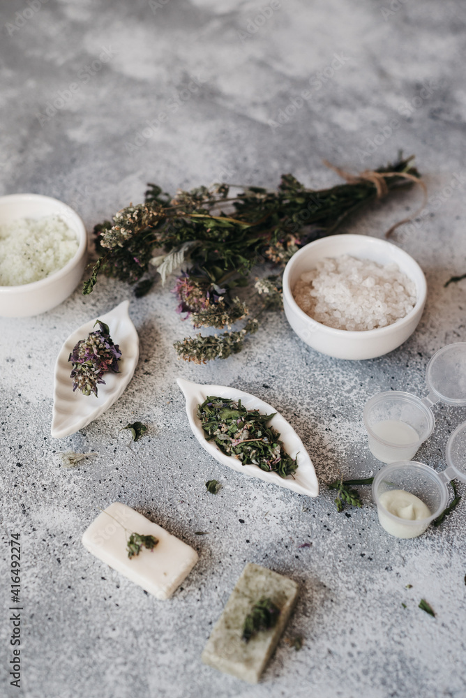 Spa cosmetics: natural herbal body scrub. Sea salt, composition and ingredients. Spa cosmetics: natural herbal body scrub. Sea salt, composition and ingredients.