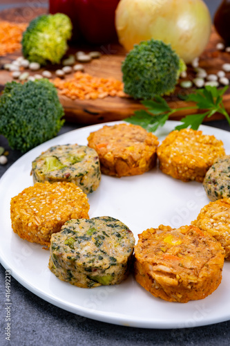 Small tasty vegan and vegetarian burgers made from fresh vegetables and dried legumes and beans