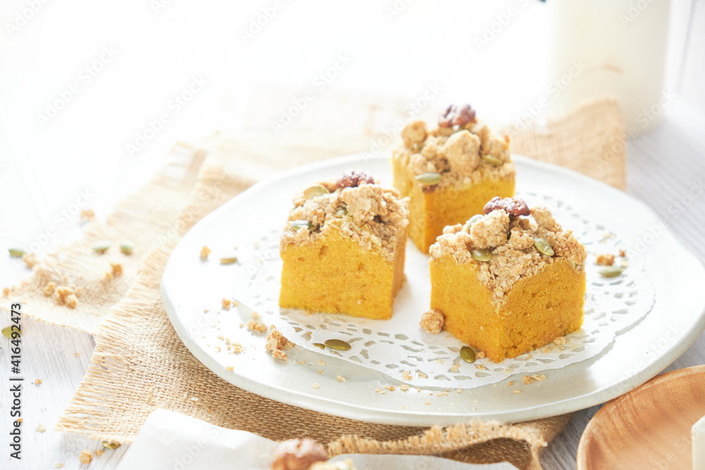 Pumpkin Cube pound cake set on cafe table. Pumpkin Cube pound cake set on cafe table.