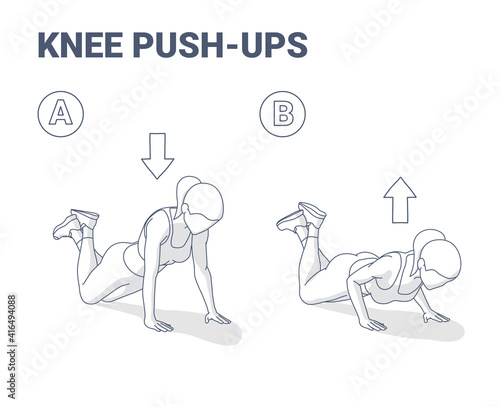 Knee Push Ups Women Home Workout Exercise Guidance Illustration. Girl Working at Home on Her Triceps