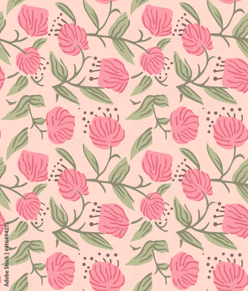 Japanese Sweet Pink Flower Vector Seamless Pattern