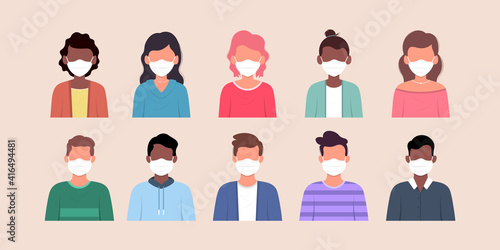 Icon set of male and female wearing mask flat style design.