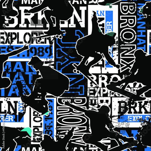 Skateboards seamless grunge pattern for boy.  modern background with boys on skateboards. Sport  style wallpaper . Urban style
