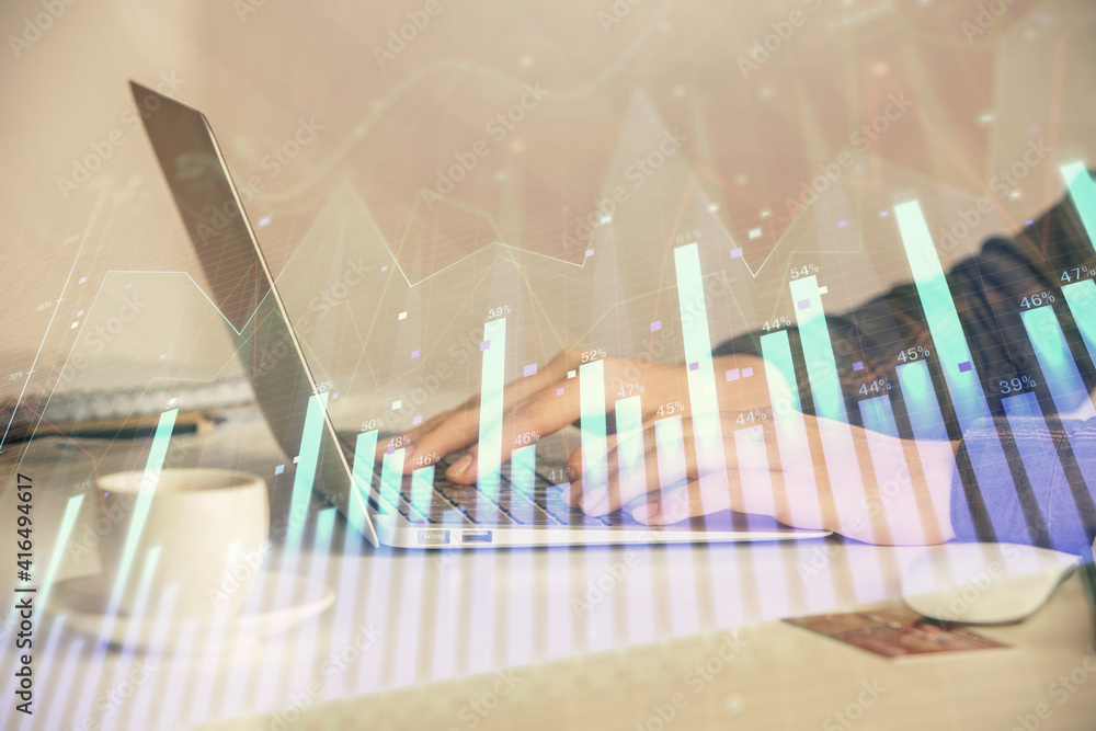 Double exposure of businesswoman hands typing on computer and forex graph hologram drawing. Financial analysis concept. Double exposure of businesswoman hands typing on computer and forex graph hologram drawing. Financial analysis concept.