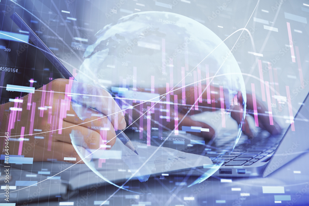 Double exposure of businesswoman hands typing on computer and forex chart hologram drawing. Financial analysis concept. Double exposure of businesswoman hands typing on computer and forex chart hologram drawing. Financial analysis concept.