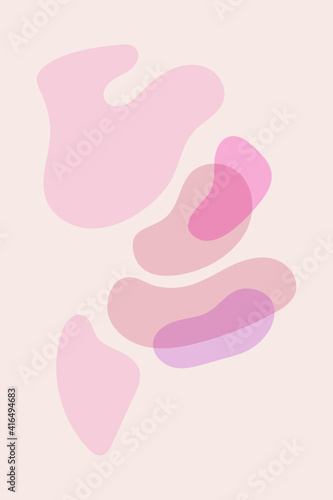 Simple minimalist poster. Beige background with pink, purple spots, trend vector design with oval flowing shapes. Abstract poster with shapeless spots, wall banner for decoration and interior design. 