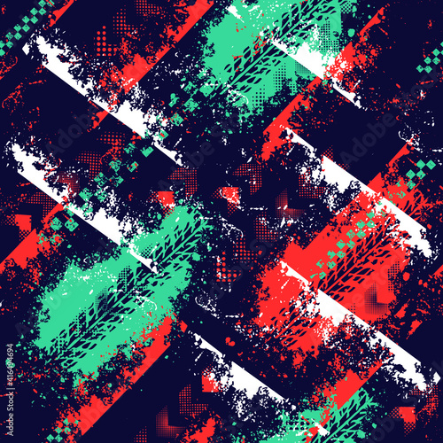 Abstract seamlesse urban pattern. Geometric grunge background with across curved line, arrow, triangles. Grungy style wallpaper. Geometric repeated backdrop for boy, sport textile, clothes.