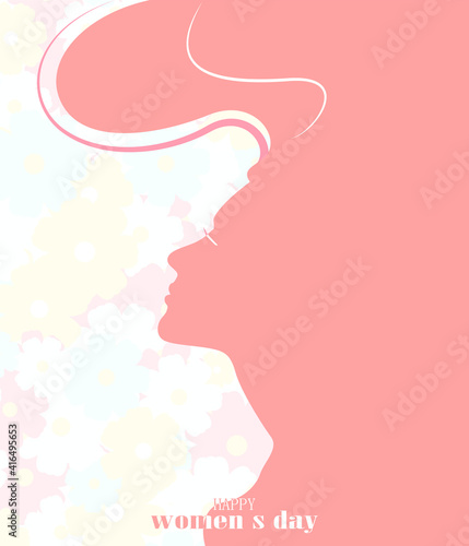 International Women's Day on March 8. The silhouette of a woman's face. Holiday banner. Background in pink shades. 