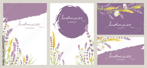 Birthday or Wedding invitation cards. Vector design element, wreaths of lavender, chamomile and wheat ears, medicinal herbs, calligraphy lettering.