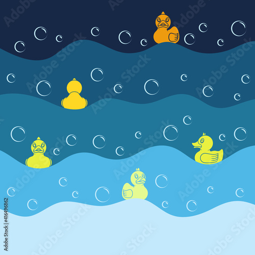 Background with yellow toy ducks and bubbles. Colored vector illustration in blue tones.