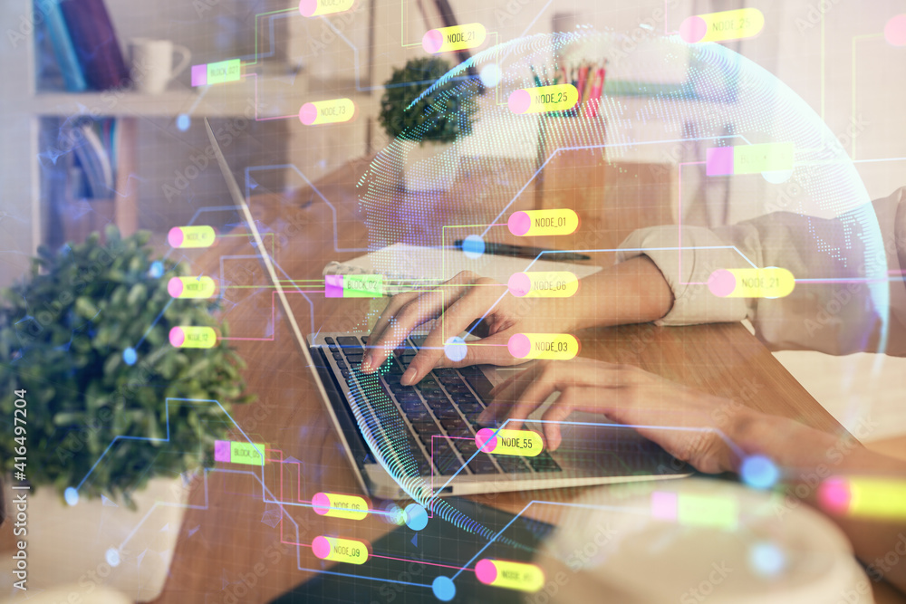 Double exposure of woman hands working on computer and data theme hologram drawing. Tech concept. Double exposure of woman hands working on computer and data theme hologram drawing. Tech concept.