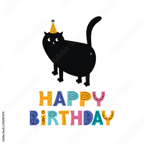 Canvas Print Funny greeting card with the text happy birthday and a cute black cat in a festive hat