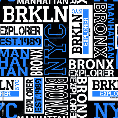 Seamless abstract pattern in new york style. Manhattan, Brooklyn, Bronx. Grunge geometric pattern for girls, boys, fashion textile, sport clothes. Urban modern design