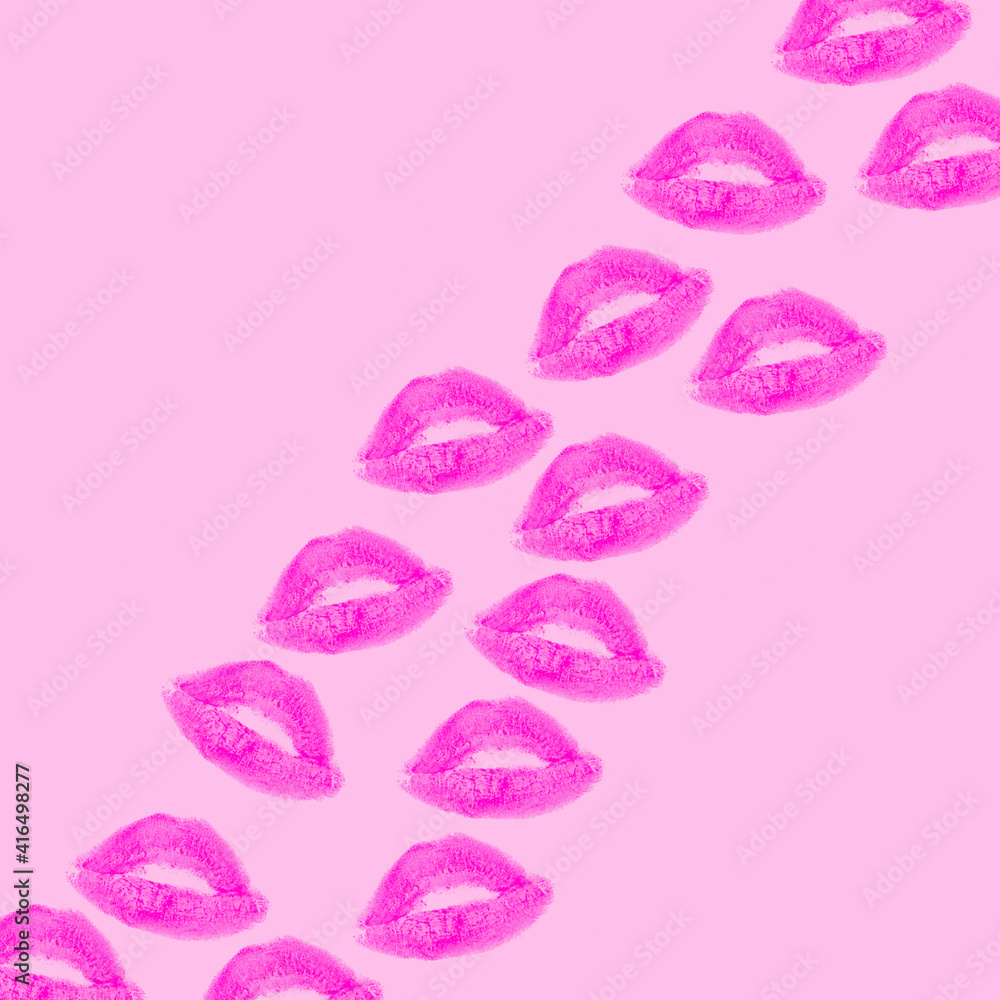Creative pattern made with purple or violet kisses on pastel pink background. Retro style aesthetic. Romantic concept with kiss print and lipstick. Make up idea. Creative pattern made with purple or violet kisses on pastel pink background. Retro style aesthetic. Romantic concept with kiss print and lipstick. Make up idea.