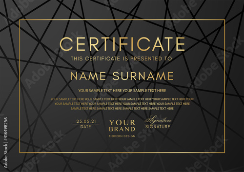 Certificate template with abstract geometry line pattern and gold frame on black background. Vector modern design for Diploma, certificate of appreciation or award