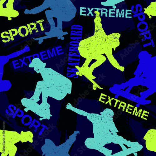 Skateboards seamless grunge pattern for boy.  modern background with boys on skateboards. Sport  style wallpaper . Urban style
