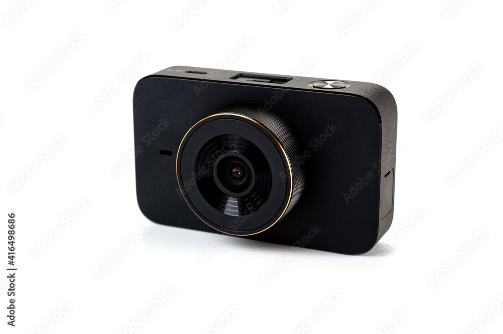 The DVR is car, it is equipped with a reliable mount and can be easily installed in a place convenient for the driver on the front glass. Picture taken on a white background.