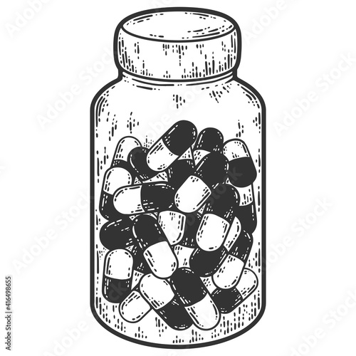 Medicines, jar of pills. Sketch scratch board imitation. Black and white.