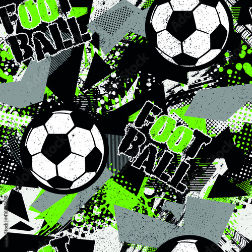 Abstract seamless pattern for boys. Football pattern. Grunge urban pattern with football ball. Sport wallpaper on black background with black and green. Repeated sport pattern.