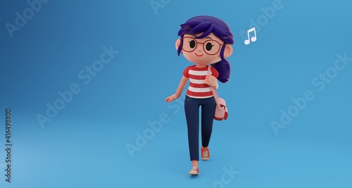 3D render illustration of short hair cute girl, teenager walking and carrying bag with space for text and a music note symbol