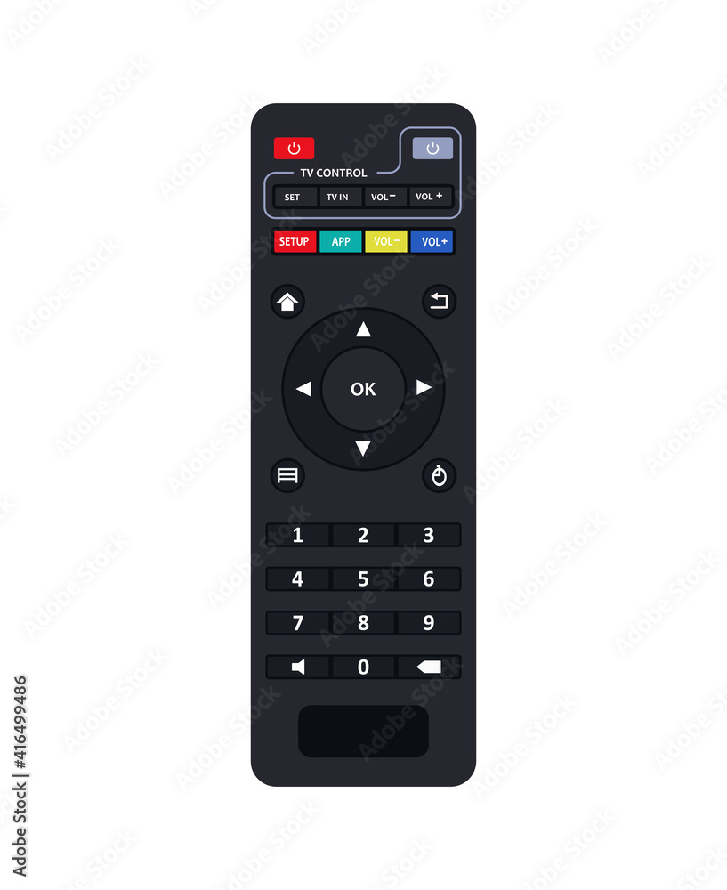 Remote control for TV or media center. Device for films cinema video. Leisure at home. Vector Illustration. Remote control for TV or media center. Device for films cinema video. Leisure at home. Vector Illustration.
