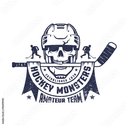 Hockey skull mascot with stick and ribbon. Hockey team logo. Vector illustration.
